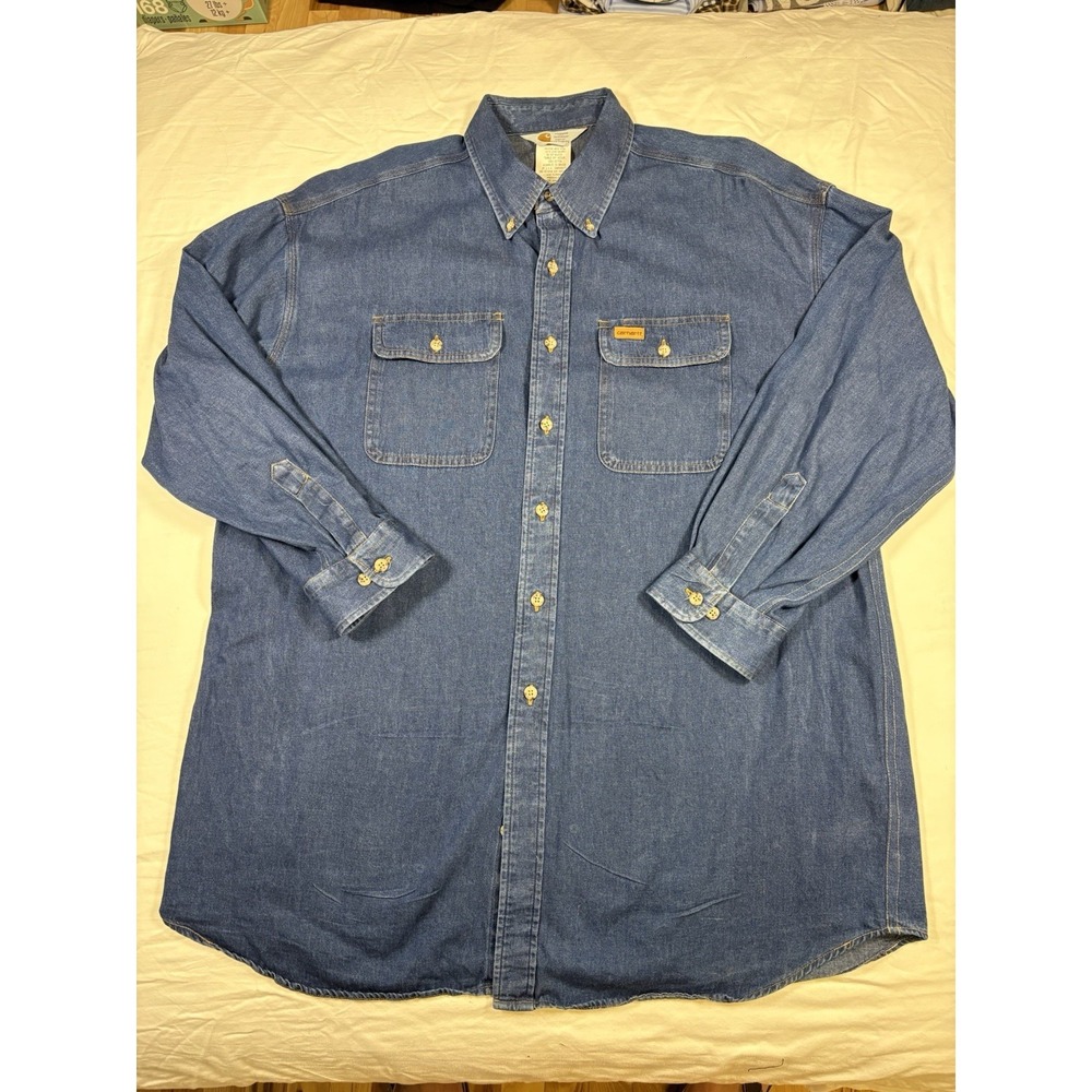 Vintage 1999 Carhartt Denim Chore Work Shirt Made in USA Size 2XL XXL